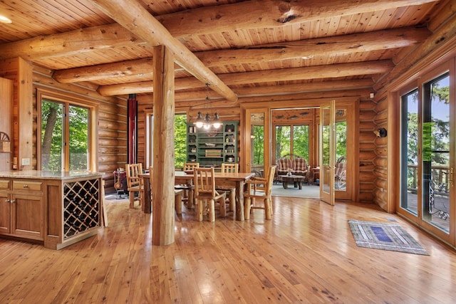 6070 Pilger Ave NW, Annandale, MN 55302 - dining room featuring wooden ceiling with exposed beams, light wood finished floors, and log walls