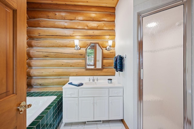 6070 Pilger Ave NW, Annandale, MN 55302 - full bath featuring rustic walls, vanity, a stall shower, a relaxing tiled tub, and tile patterned floors