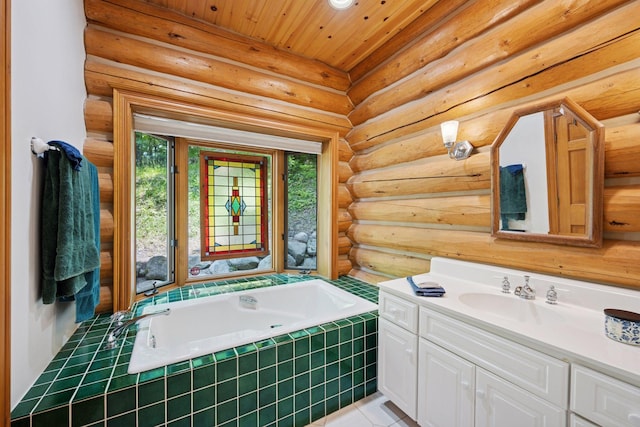 6070 Pilger Ave NW, Annandale, MN 55302 - bathroom with a garden tub, wood ceiling, vanity, and rustic walls