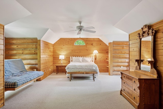 6070 Pilger Ave NW, Annandale, MN 55302 - bedroom with carpet, wood walls, vaulted ceiling, ceiling fan, and log walls