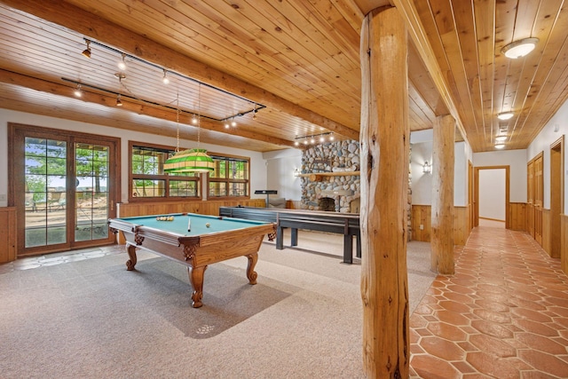 6070 Pilger Ave NW, Annandale, MN 55302 - game room with track lighting, wainscoting, wooden ceiling, pool table, and wooden walls