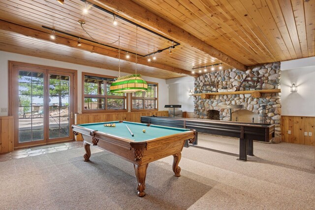 6070 Pilger Ave NW, Annandale, MN 55302 - playroom featuring track lighting, a wainscoted wall, pool table, wooden ceiling, and carpet