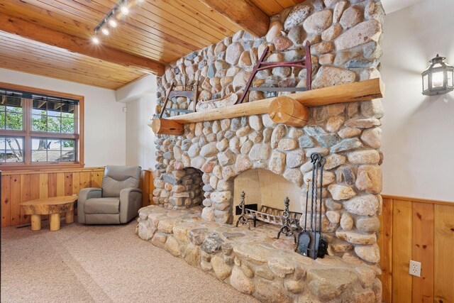 6070 Pilger Ave NW, Annandale, MN 55302 - detailed view of wood ceiling with exposed beams, a wainscoted wall, rail lighting, wood walls, and carpet