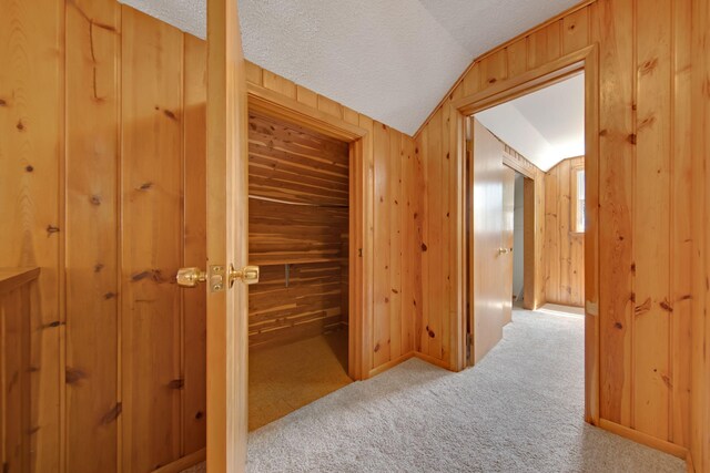1759 Flandrau St, Maplewood, MN 55109 - hallway featuring wooden walls, carpet floors, vaulted ceiling, and a textured ceiling