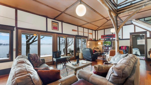 1007 Van Dyke Rd NW, Alexandria, MN 56308 - living room with hardwood / wood-style floors, a water view, plenty of natural light, and lofted ceiling