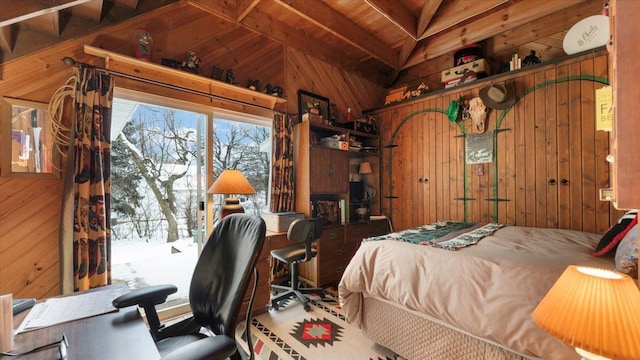 1007 Van Dyke Rd NW, Alexandria, MN 56308 - bedroom featuring wooden walls, vaulted ceiling, wooden ceiling, and access to outside