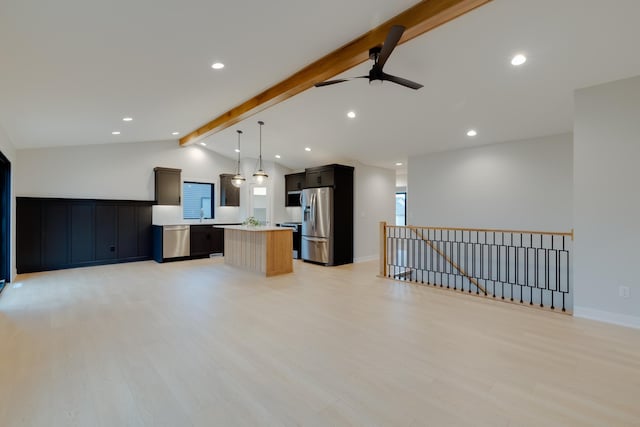 1824 Brandt Dr NE, Byron, MN 55920 - kitchen featuring open floor plan, appliances with stainless steel finishes, a center island, a ceiling fan, and light countertops