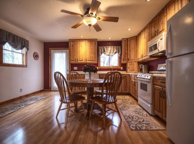 dining space featuring a textured ceiling, ceiling fan, a wealth of natural light, and wood finished floors