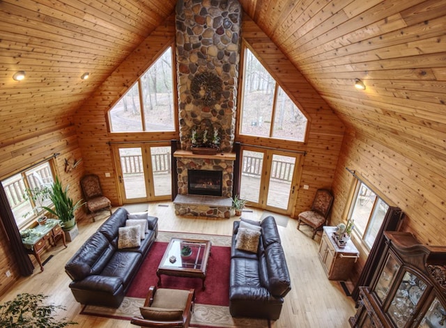 living room featuring high vaulted ceiling, wood walls, wooden ceiling, and hardwood / wood-style flooring