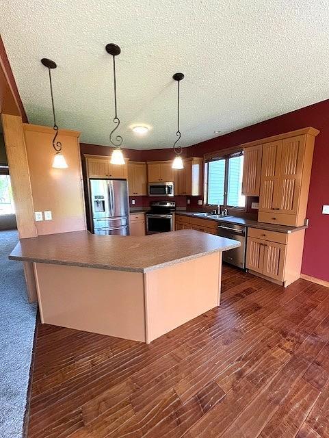 9521 Dunes Ct, Cottage Grove, MN 55016 - kitchen featuring stainless steel appliances, dark wood finished floors, a peninsula, a textured ceiling, and a sink