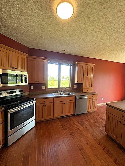 9521 Dunes Ct, Cottage Grove, MN 55016 - kitchen featuring appliances with stainless steel finishes, a sink, a textured ceiling, and dark wood-style flooring