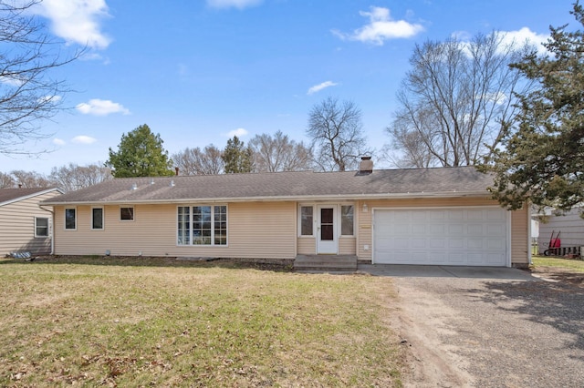 ranch-style home featuring an attached garage, driveway, a chimney, and a front lawn