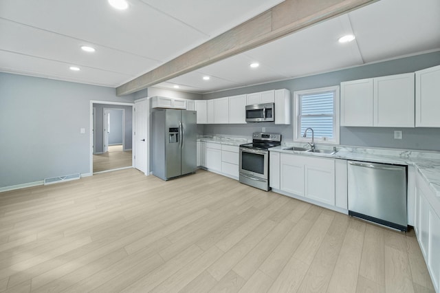 115 Prentice St, Clayton, WI 54004 - kitchen with a sink, visible vents, recessed lighting, white cabinetry, and appliances with stainless steel finishes