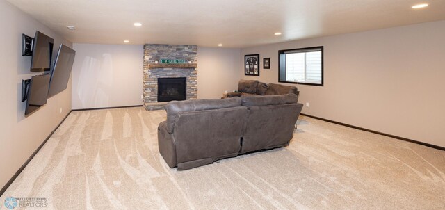 3497 50th St S, Fargo, ND 58104 - living area featuring light carpet, a fireplace, recessed lighting, and baseboards