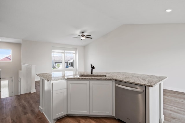 18872 Fillmore St NW, Elk River, MN 55330 - kitchen with dishwasher, a sink, ceiling fan, vaulted ceiling, and light stone counters