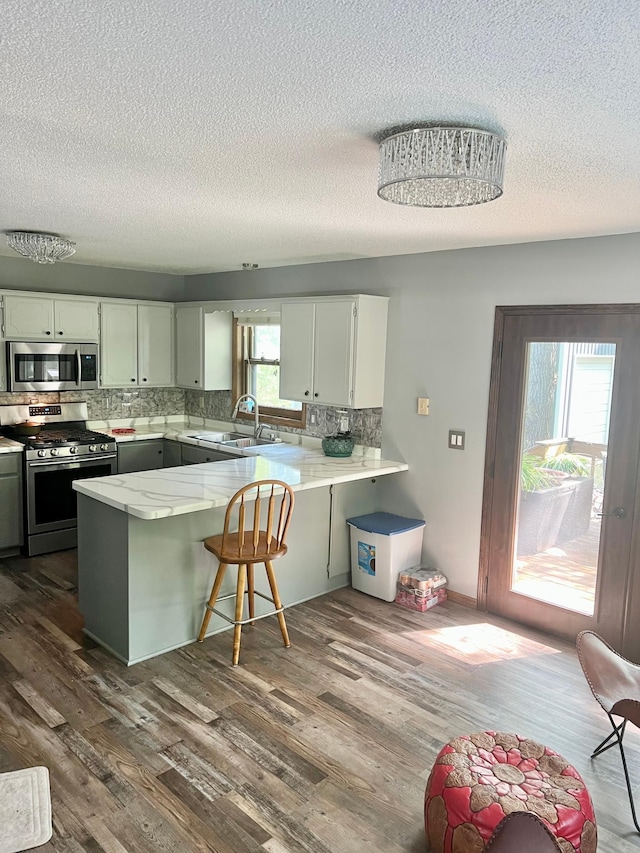 10624 56 1/2 St, Palmer Twp, MN 55319 - kitchen featuring stainless steel appliances, a textured ceiling, a peninsula, a sink, and backsplash