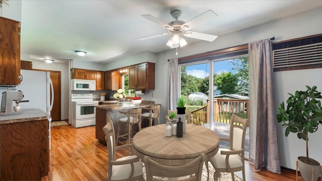 dining area featuring ceiling fan and light wood finished floors
