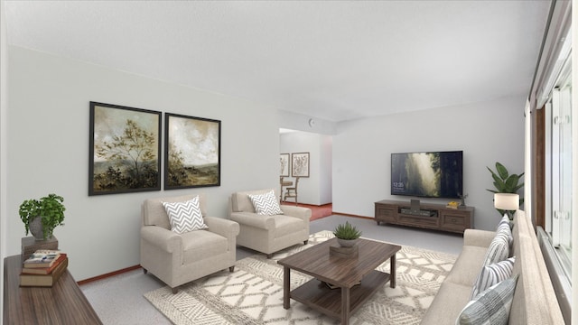 carpeted living area featuring baseboards