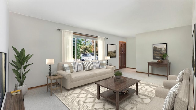 living area with baseboards and light colored carpet