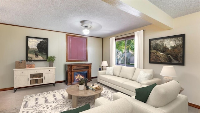 carpeted living room featuring a textured ceiling and baseboards