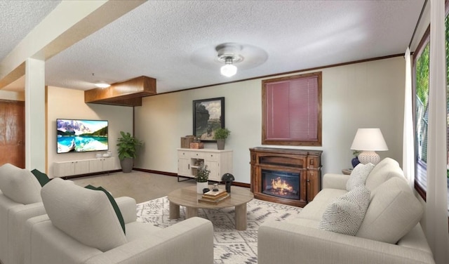 living room featuring a glass covered fireplace, carpet flooring, a textured ceiling, and baseboards