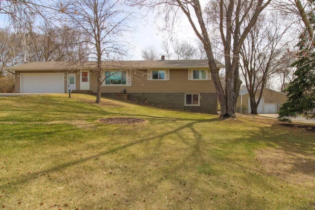 ranch-style house featuring a chimney, an attached garage, and a front yard