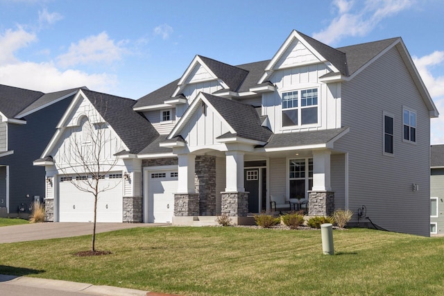2141 Johanna Cir, Lino Lakes, MN 55038 - craftsman inspired home with an attached garage, a front yard, board and batten siding, a porch, and driveway