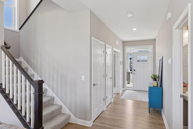 2141 Johanna Cir, Lino Lakes, MN 55038 - foyer featuring baseboards, recessed lighting, stairs, and wood finished floors