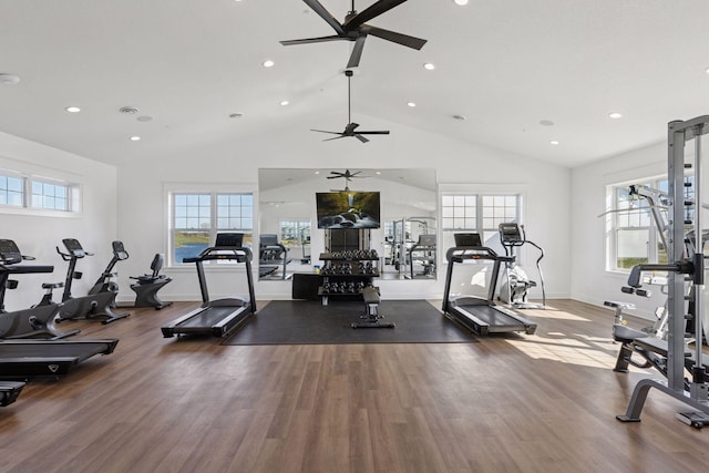 2141 Johanna Cir, Lino Lakes, MN 55038 - gym featuring high vaulted ceiling, a ceiling fan, baseboards, recessed lighting, and wood finished floors