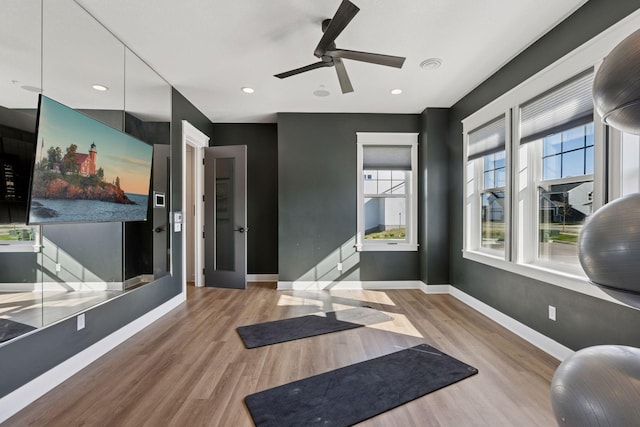 2141 Johanna Cir, Lino Lakes, MN 55038 - workout room with baseboards, a ceiling fan, wood finished floors, and recessed lighting