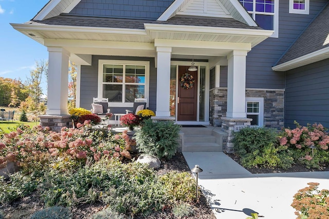 4233 Halstead Bay Alcove, Minnetrista, MN 55331 - doorway to property with a porch, a shingled roof, and stone siding