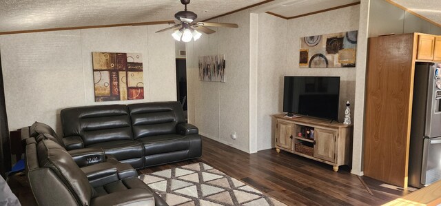 306 4th St S, Hoffman, MN 56339 - living area with dark wood-style flooring, a ceiling fan, ornamental molding, and baseboards