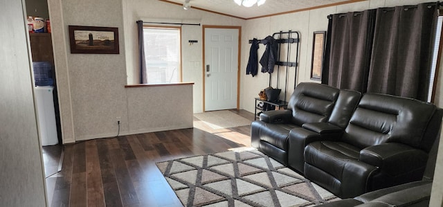 306 4th St S, Hoffman, MN 56339 - living area with ornamental molding, hardwood / wood-style floors, and vaulted ceiling