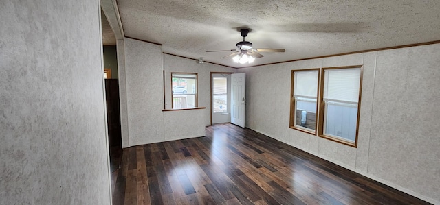 306 4th St S, Hoffman, MN 56339 - spare room featuring ornamental molding, wood-type flooring, ceiling fan, a textured ceiling, and vaulted ceiling