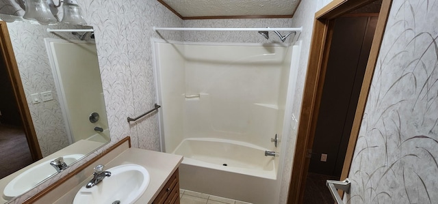 306 4th St S, Hoffman, MN 56339 - full bath featuring bathtub / shower combination, vanity, a textured ceiling, ornamental molding, and wallpapered walls