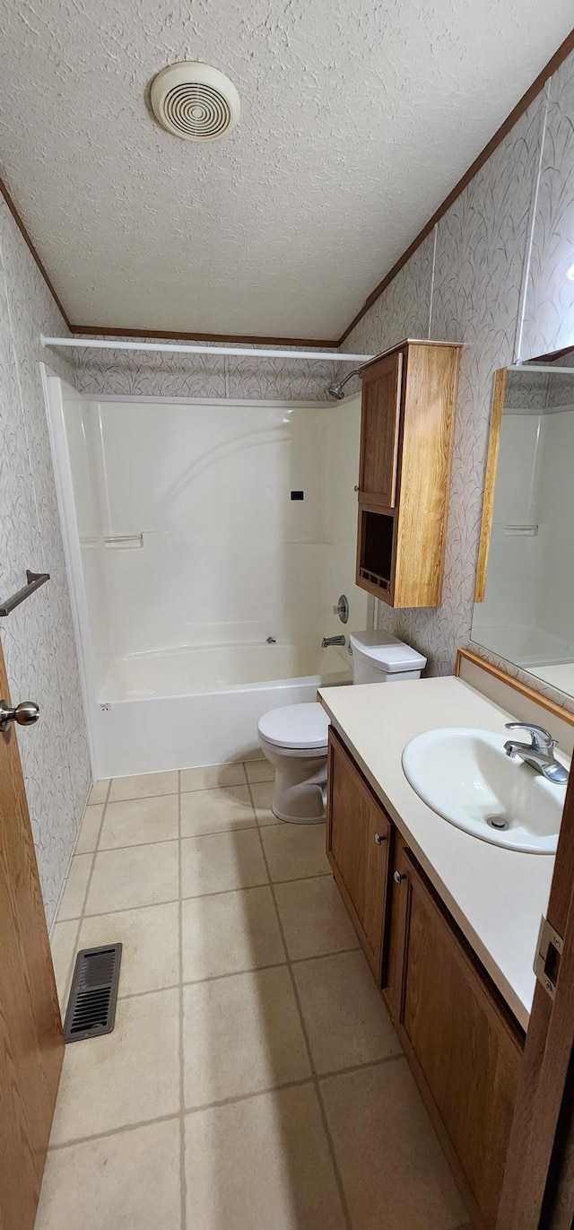 306 4th St S, Hoffman, MN 56339 - bathroom with wallpapered walls, shower / bath combination, a textured ceiling, vanity, and toilet