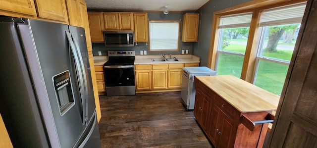 306 4th St S, Hoffman, MN 56339 - kitchen featuring appliances with stainless steel finishes, a sink, a textured ceiling, wood counters, and dark wood finished floors