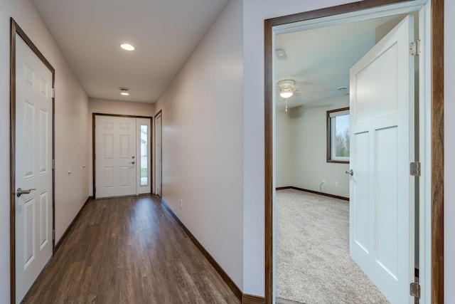 209 Plum Run, Le Sueur, MN 56058 - entryway with plenty of natural light, baseboards, dark wood finished floors, recessed lighting, and ceiling fan