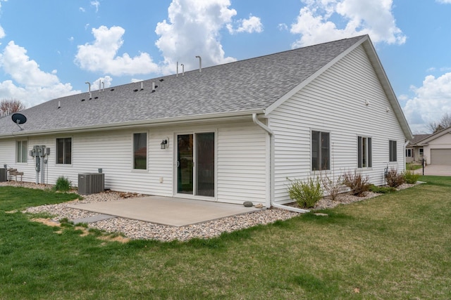 209 Plum Run, Le Sueur, MN 56058 - rear view of property featuring a patio area, a shingled roof, a yard, and central air condition unit