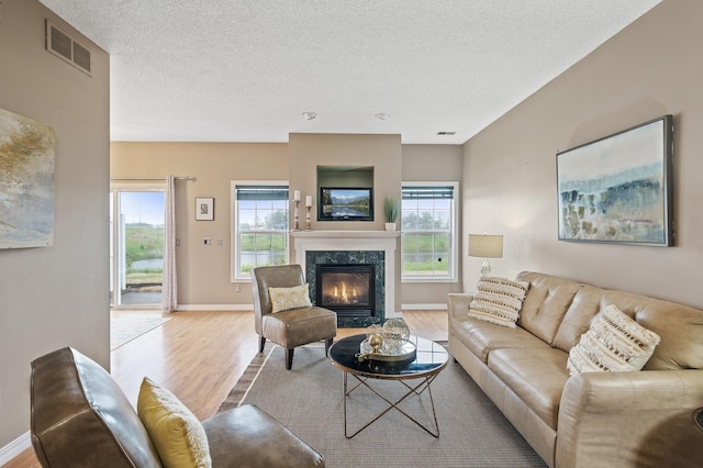 7619 Derby Ln, Shakopee, MN 55379 - living area featuring wood finished floors, a high end fireplace, a textured ceiling, and baseboards