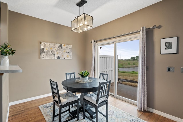7619 Derby Ln, Shakopee, MN 55379 - dining space with light wood-type flooring, baseboards, a water view, a chandelier, and a textured ceiling