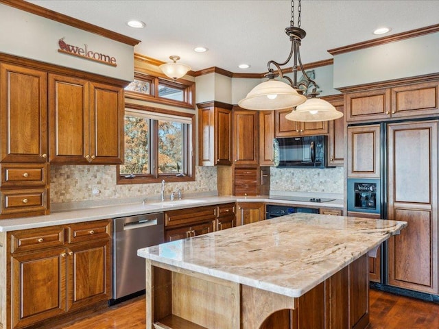 kitchen with a sink, stainless steel dishwasher, black microwave, paneled refrigerator, and brown cabinetry