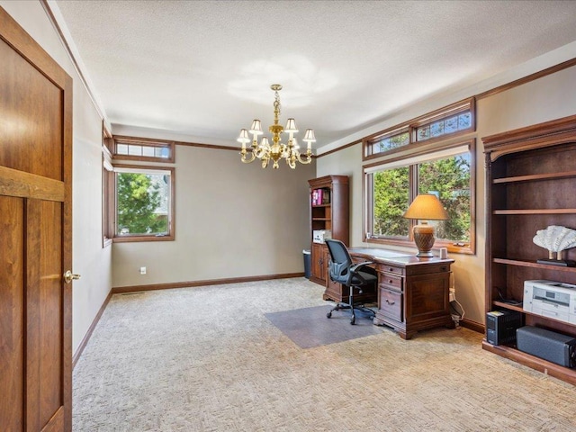 office space with a chandelier, light carpet, crown molding, and baseboards