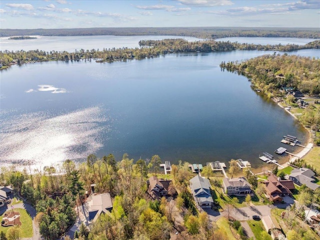 aerial view of residential area featuring a large body of water