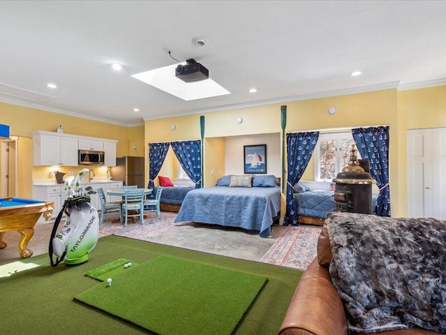 bedroom featuring ornamental molding, recessed lighting, and pool table