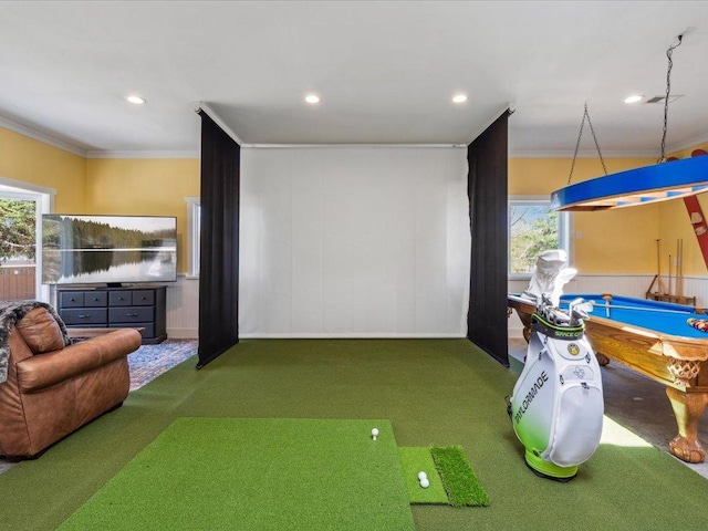 recreation room featuring ornamental molding, carpet floors, recessed lighting, golf simulator, and billiards table