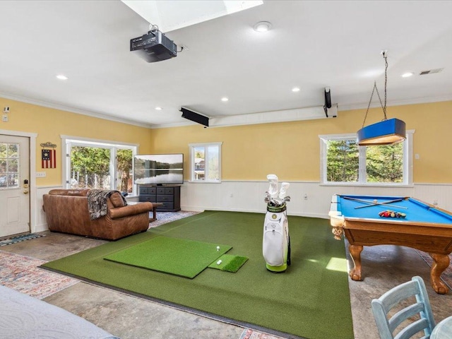 recreation room featuring a wainscoted wall, crown molding, and recessed lighting