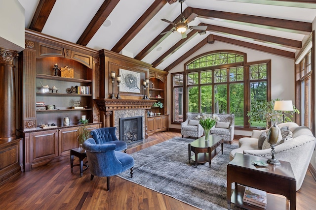 614 Hidden Creek Trl, Mendota Heights, MN 55118 - living area with ceiling fan, beamed ceiling, a fireplace, dark wood-style flooring, and high vaulted ceiling