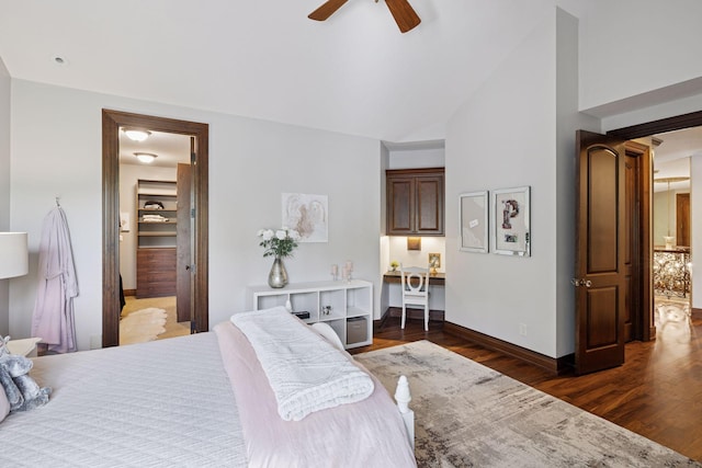 614 Hidden Creek Trl, Mendota Heights, MN 55118 - bedroom featuring dark wood finished floors, high vaulted ceiling, baseboards, and a ceiling fan