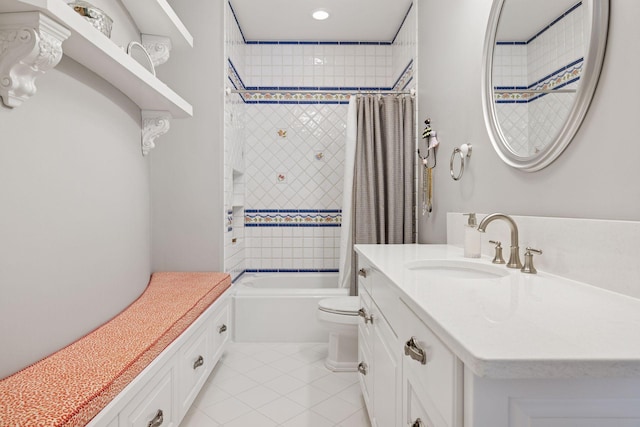 614 Hidden Creek Trl, Mendota Heights, MN 55118 - bathroom with vanity, shower / tub combo, toilet, tile patterned floors, and recessed lighting